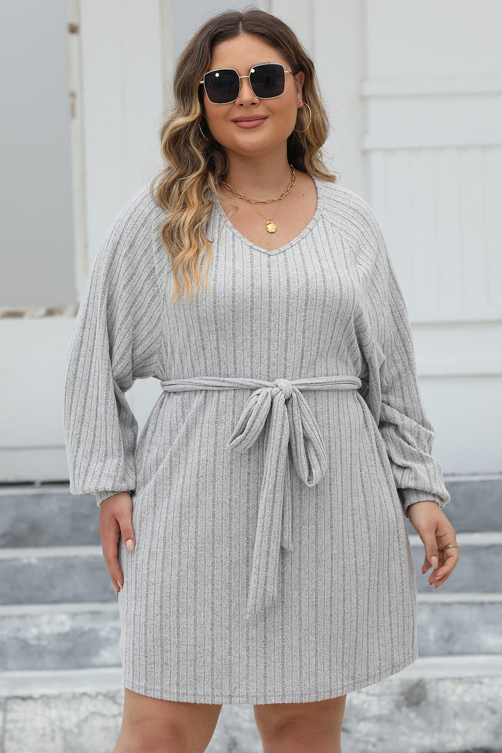 Plus Size Ribbed Tie Front Long Sleeve Sweater Dress - UrbanEthereal