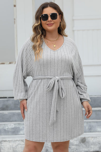 Plus Size Ribbed Tie Front Long Sleeve Sweater Dress - UrbanEthereal