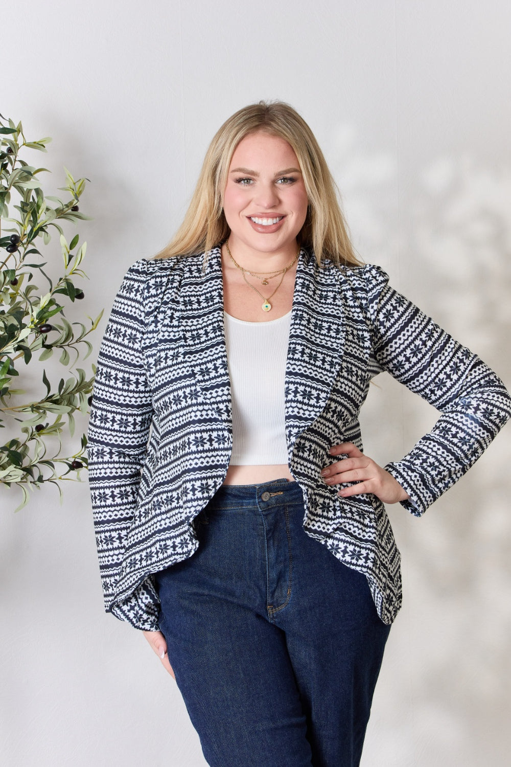 Heimish Full Size Open Front Printed Blazer - UrbanEthereal