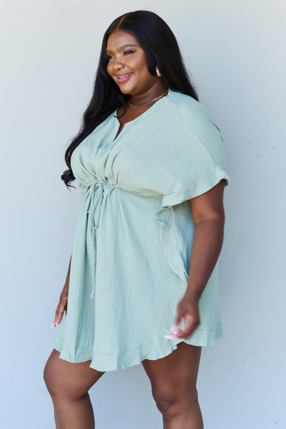 Ninexis Out Of Time Full Size Ruffle Hem Dress with Drawstring Waistband in Light Sage - UrbanEthereal