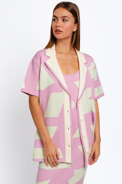 Le Lis Abstract Contrast Short Sleeve Collared Cardigan - UrbanEthereal
