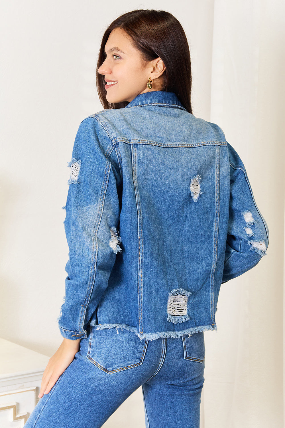 Baeful Leopard Floral Distressed Raw Hem Denim Jacket - UrbanEthereal