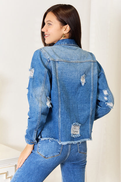 Baeful Leopard Floral Distressed Raw Hem Denim Jacket - UrbanEthereal