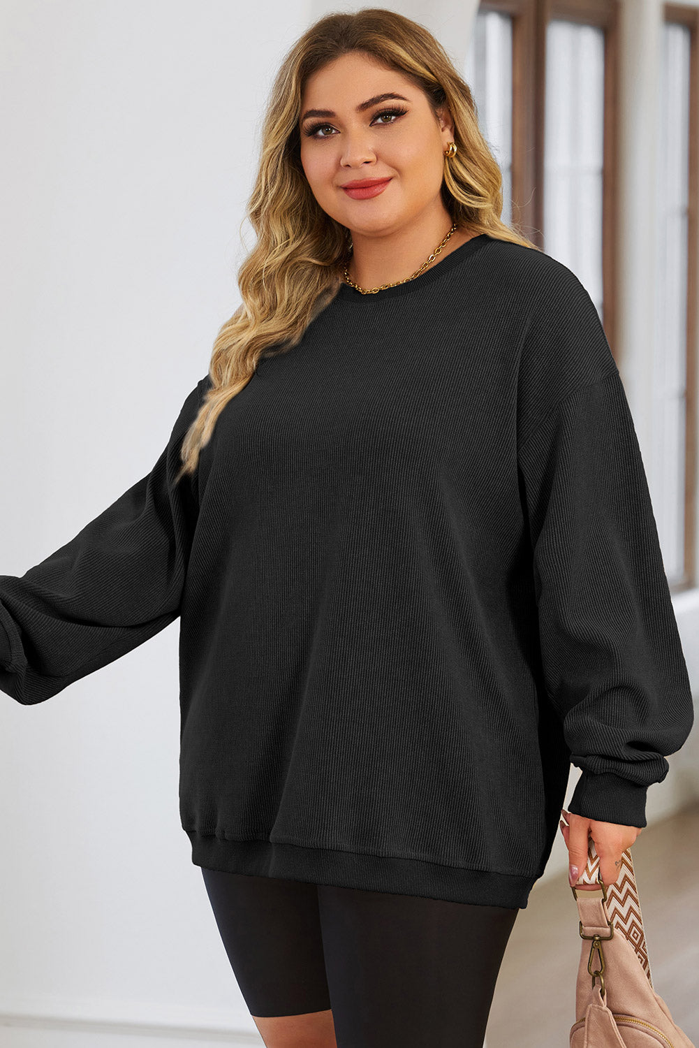 Plus Size Round Neck Dropped Shoulder Sweatshirt - UrbanEthereal