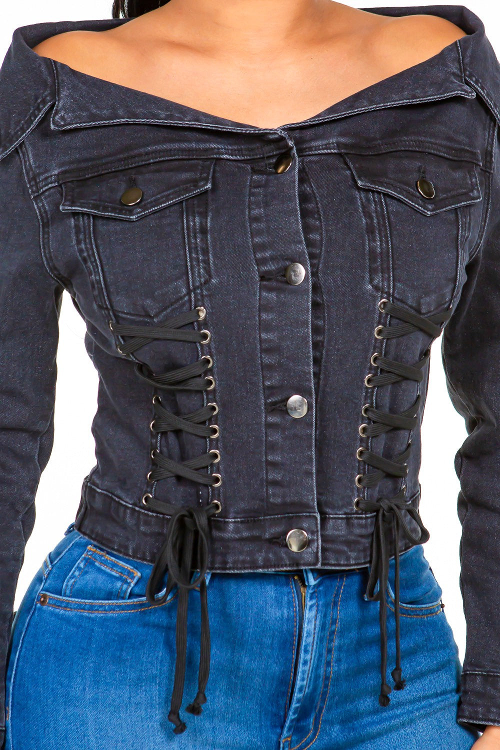 American Bazi Off Shoulder Lace Up Denim Jacket - UrbanEthereal