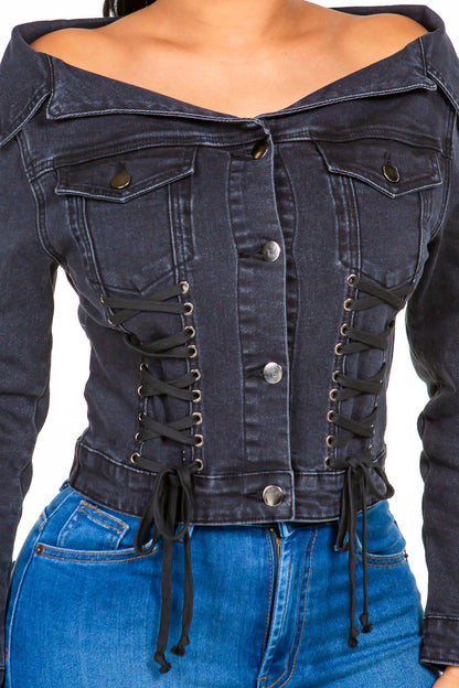 American Bazi Off Shoulder Lace Up Denim Jacket - UrbanEthereal