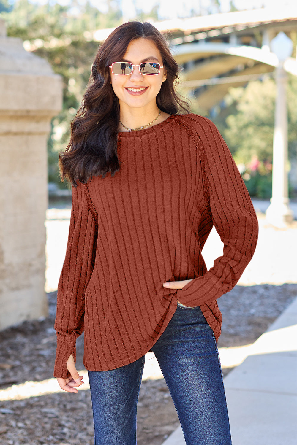Basic Bae Full Size Ribbed Round Neck Long Sleeve Knit Top - UrbanEthereal