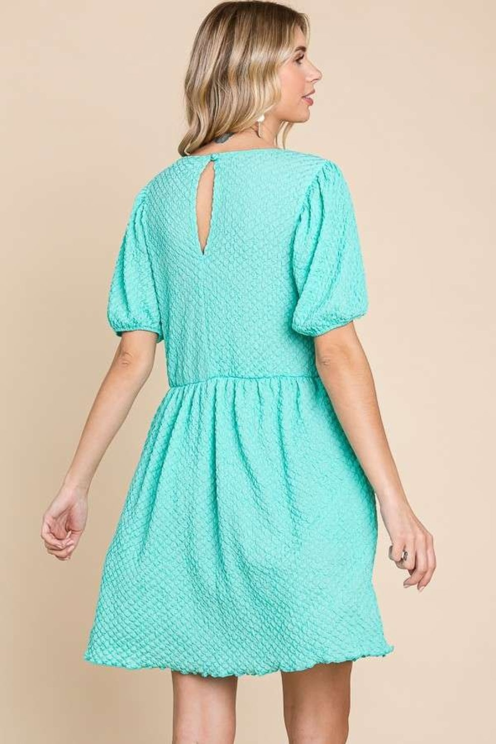 Culture Code Full Size Textured Round Neck Puff Sleeve Dress - UrbanEthereal