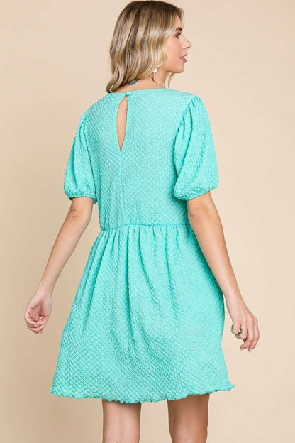 Culture Code Full Size Textured Round Neck Puff Sleeve Dress - UrbanEthereal