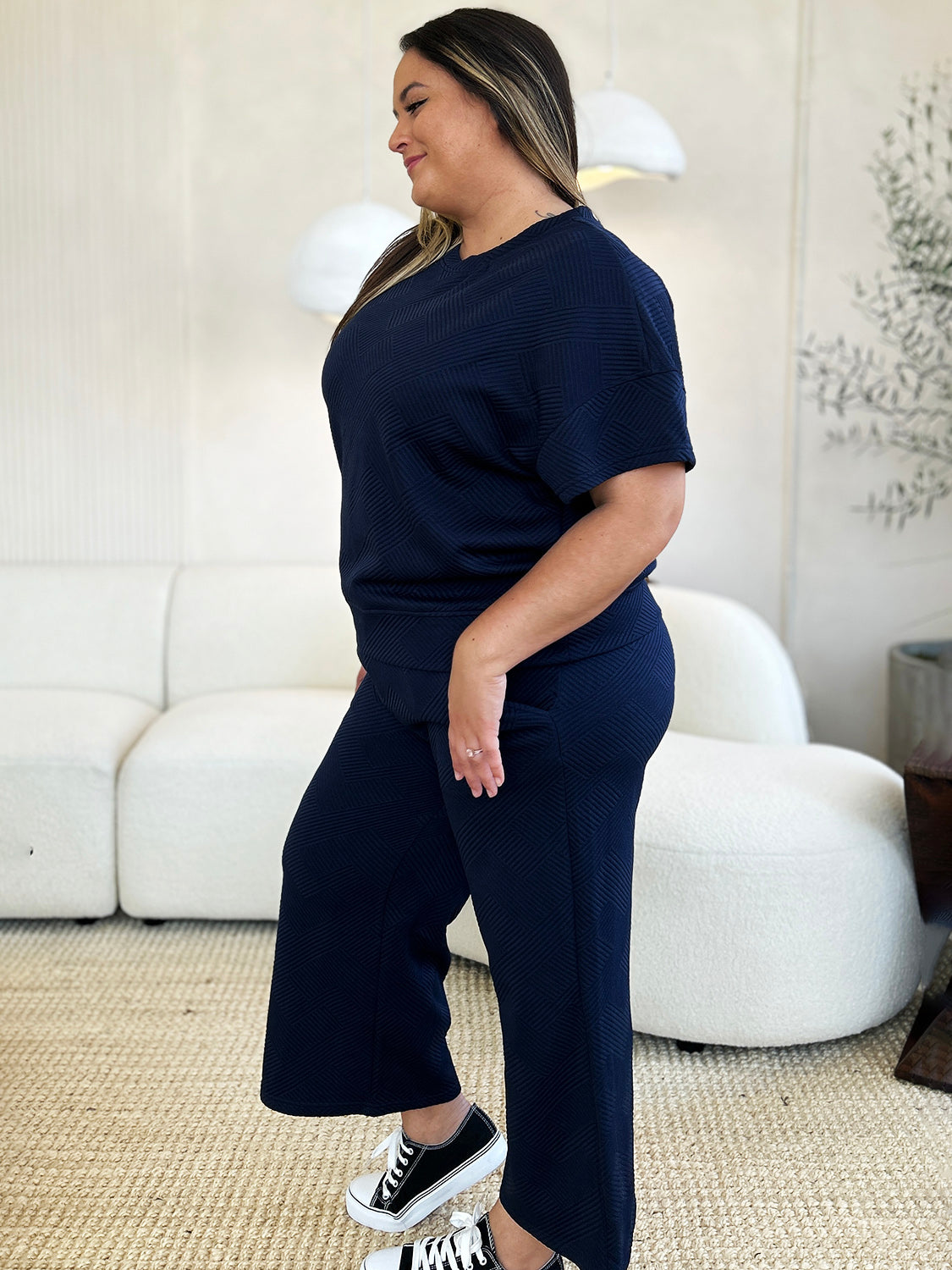 Double Take Full Size Texture Short Sleeve Top and Pants Set - UrbanEthereal