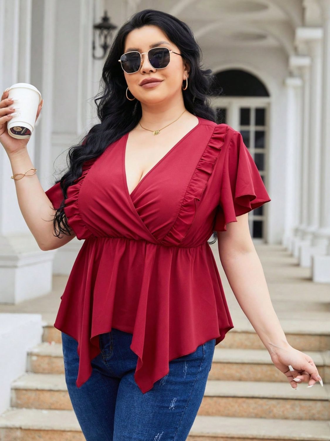 Plus Size Frill Surplice Flutter Sleeve Blouse - UrbanEthereal