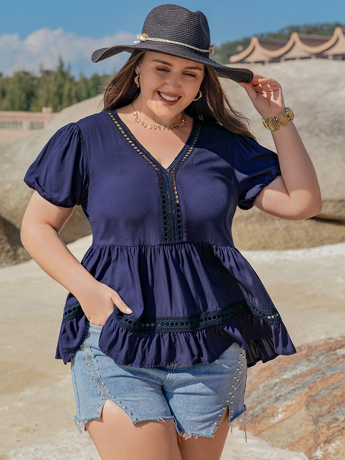 Plus Size Peplum V-Neck Short Sleeve Blouse - UrbanEthereal