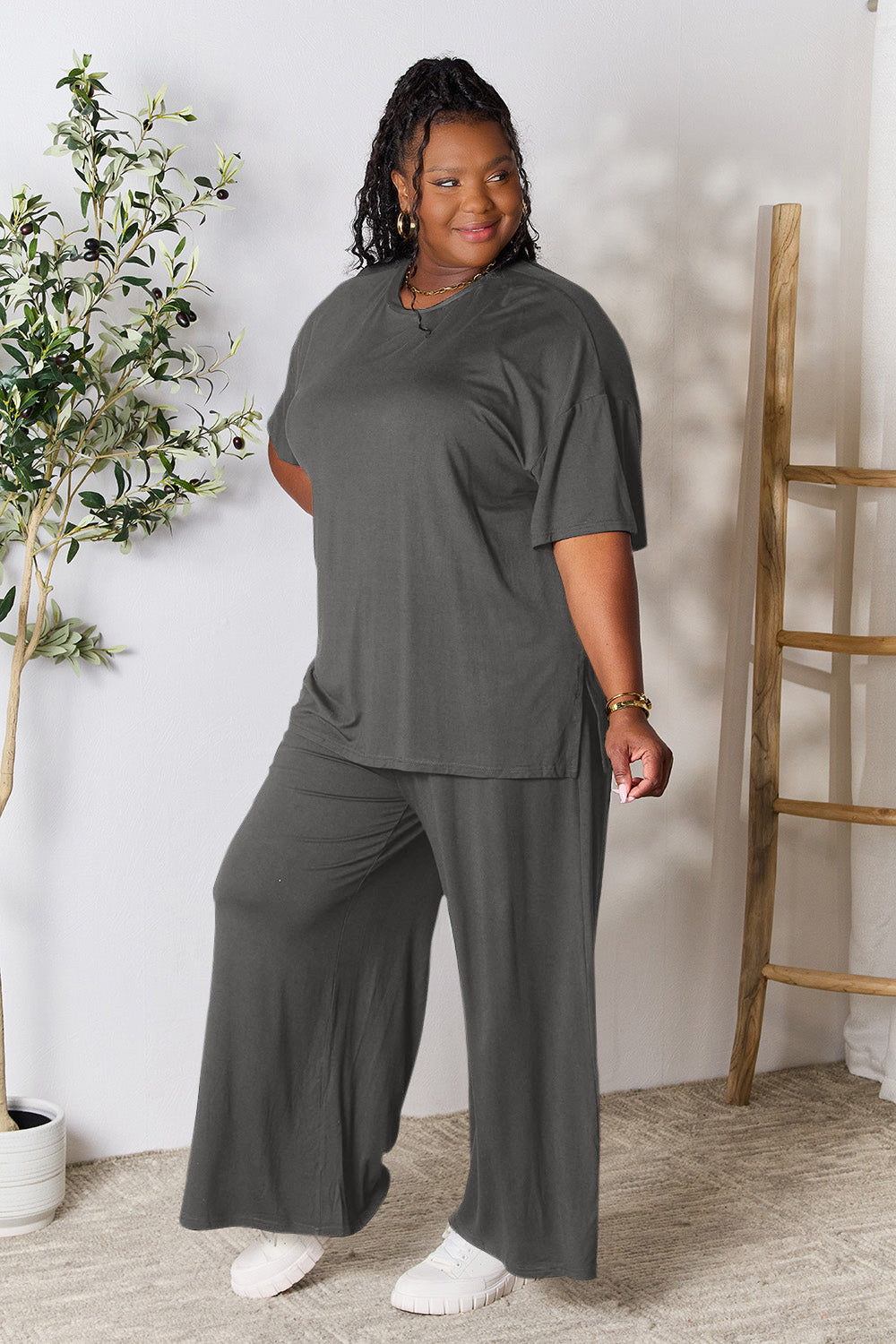 Double Take Full Size Round Neck Slit Top and Pants Set - UrbanEthereal