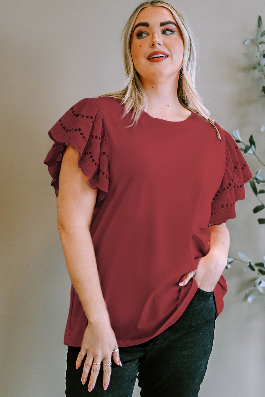 Plus Size Eyelet Round Neck Short Sleeve Blouse - UrbanEthereal