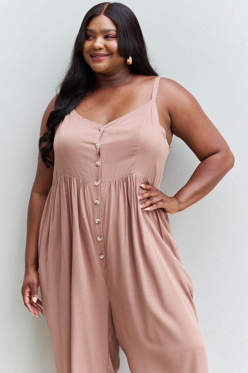 HEYSON All Day Full Size Wide Leg Button Down Jumpsuit in Mocha - UrbanEthereal