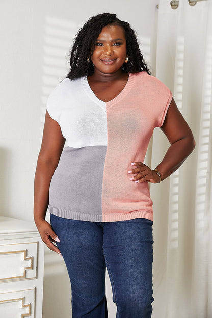 Color Block V-Neck Knit Top - UrbanEthereal