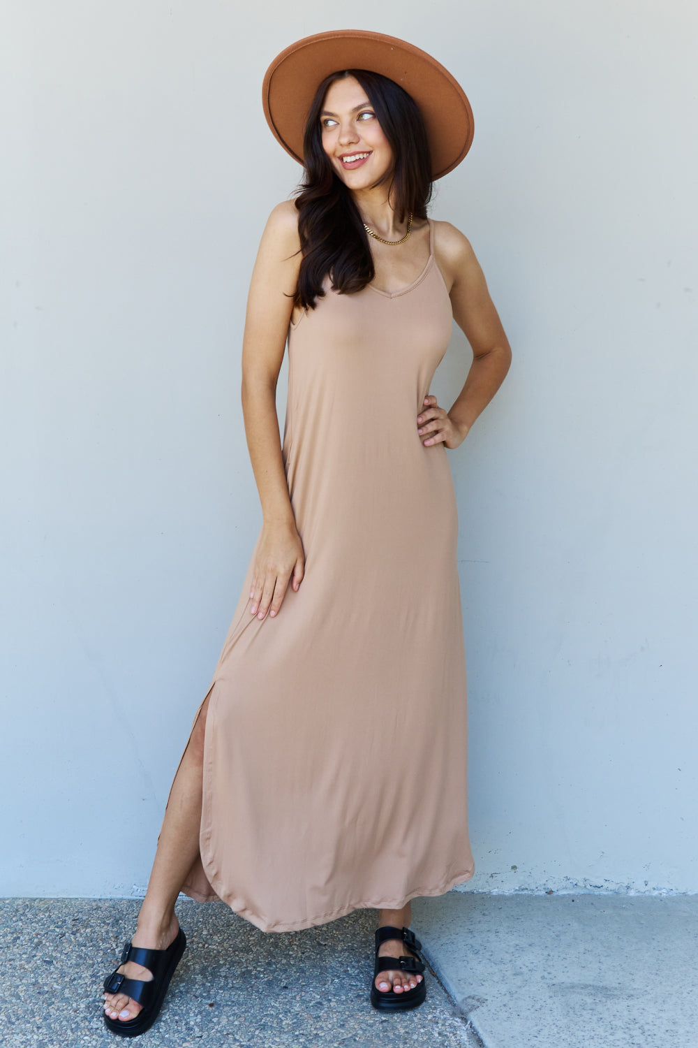 Ninexis Good Energy Full Size Cami Side Slit Maxi Dress in Camel - UrbanEthereal