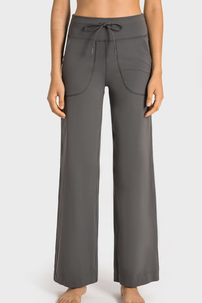 Drawstring Waist Wide Leg Sports Pants with Pockets - UrbanEthereal