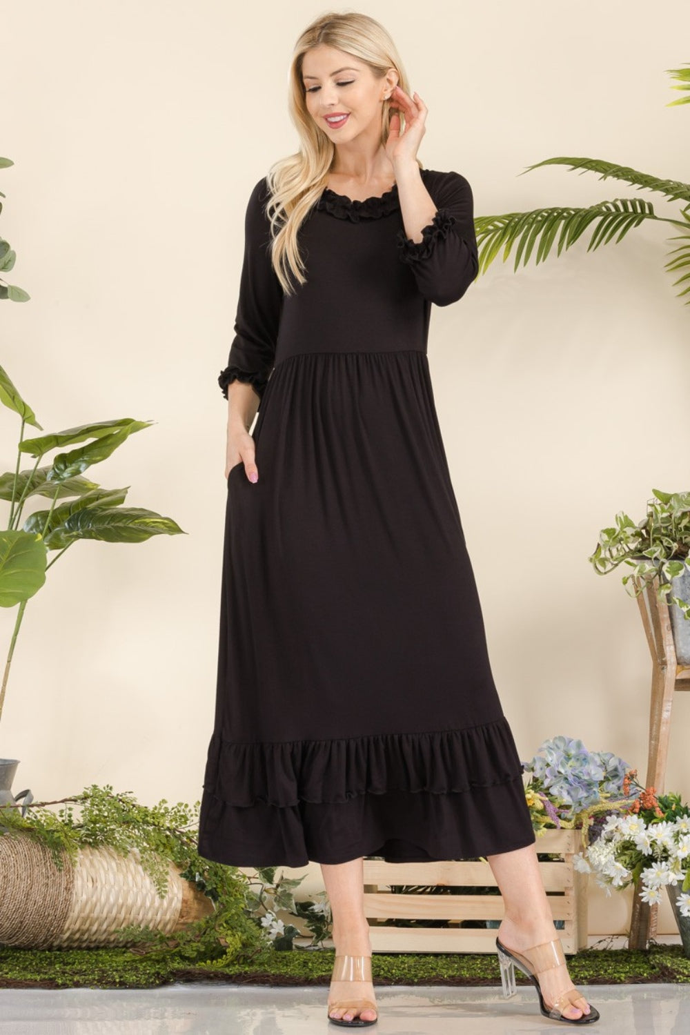 Celeste Full Size Layered Ruffle Hem Dress with Pockets - UrbanEthereal