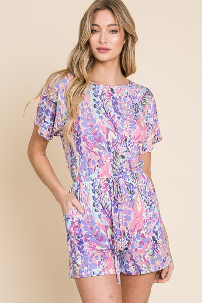 BOMBOM Print Short Sleeve Romper with Pockets - UrbanEthereal
