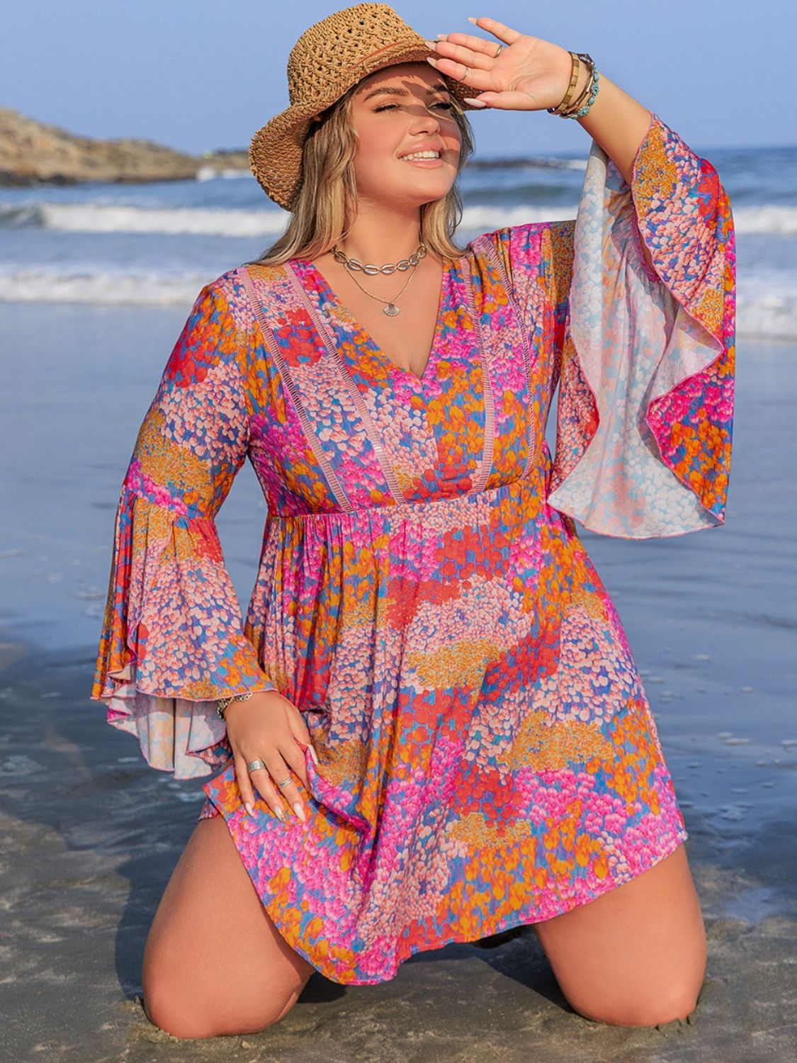 Plus Size Ruched Printed Long Sleeve Dress - UrbanEthereal