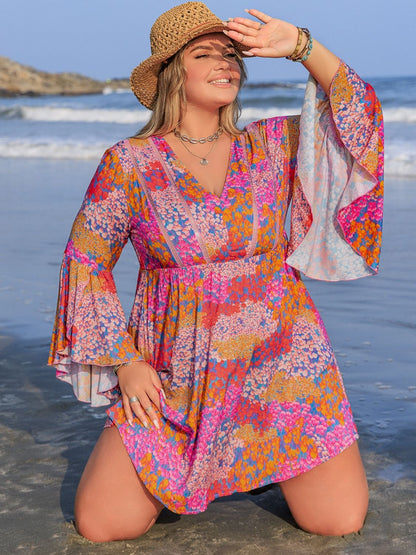 Plus Size Ruched Printed Long Sleeve Dress - UrbanEthereal