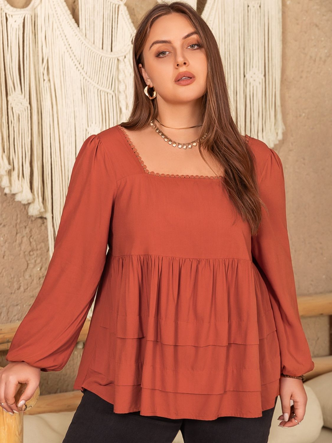 Plus Size Lace Detail Square Neck Long Sleeve Blouse - UrbanEthereal