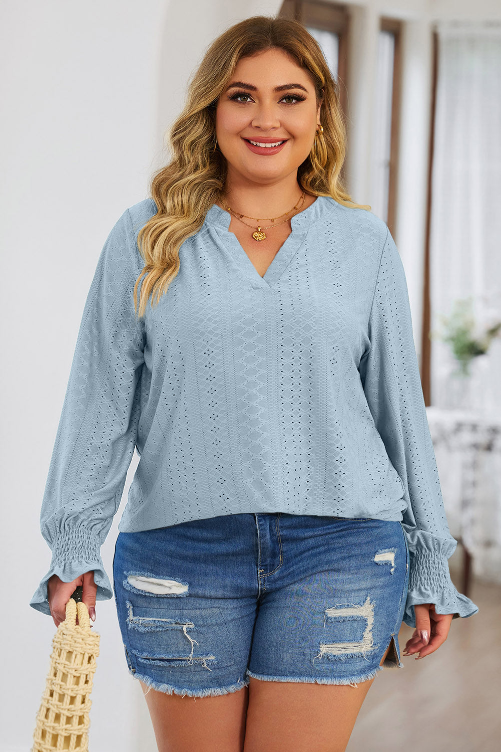 Plus Size Eyelet Notched Flounce Sleeve Blouse - UrbanEthereal