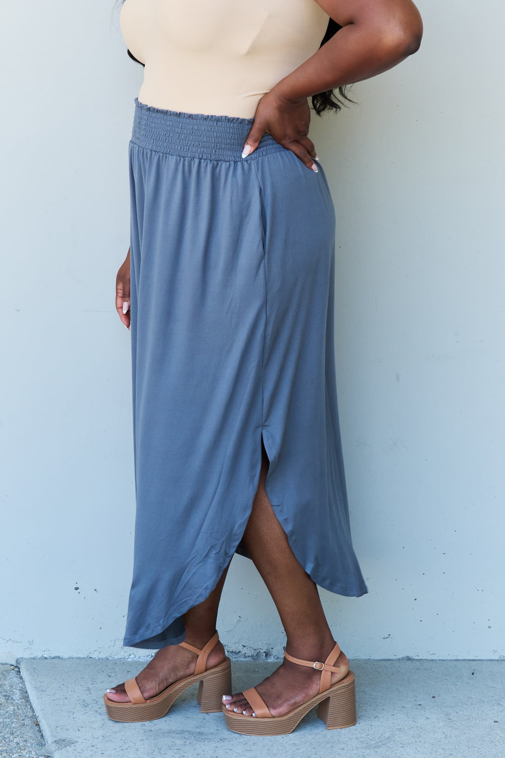 Doublju Comfort Princess Full Size High Waist Scoop Hem Maxi Skirt in Charcoal - UrbanEthereal