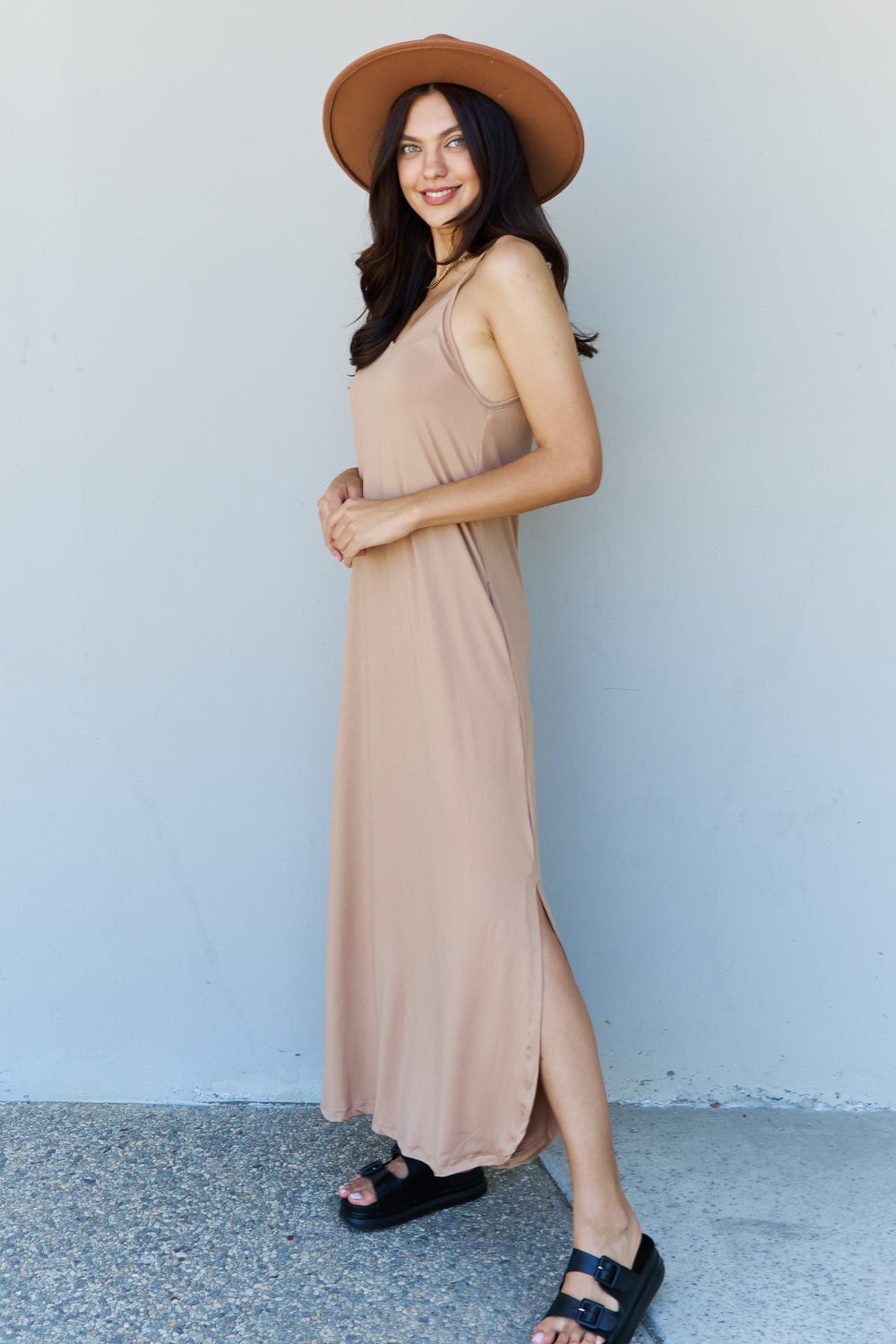 Ninexis Good Energy Full Size Cami Side Slit Maxi Dress in Camel - UrbanEthereal
