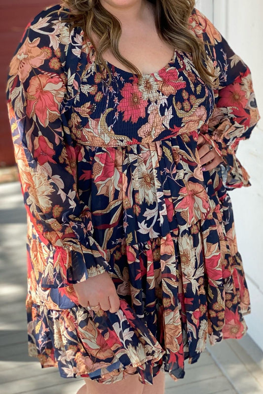 Plus Size Smocked Printed Long Sleeve Dress - UrbanEthereal