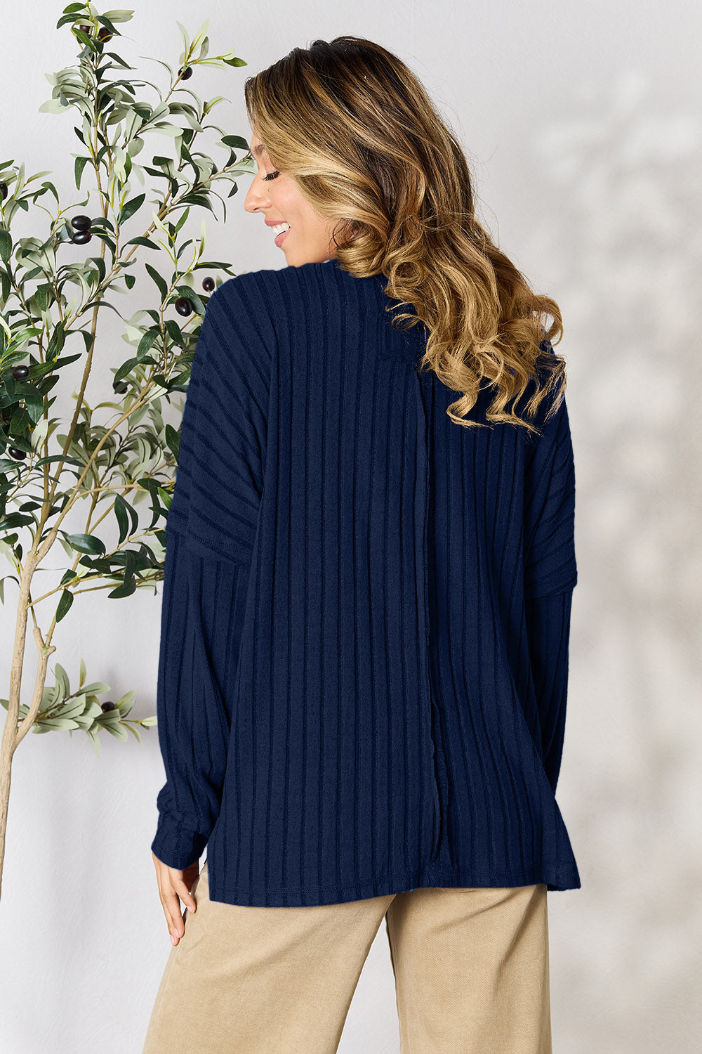 Basic Bae Full Size Ribbed Round Neck Slit Knit Top - UrbanEthereal