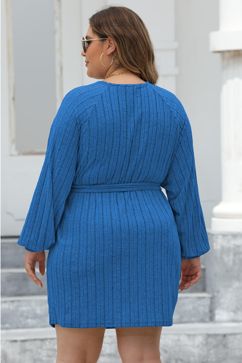 Plus Size Ribbed Tie Front Long Sleeve Sweater Dress - UrbanEthereal
