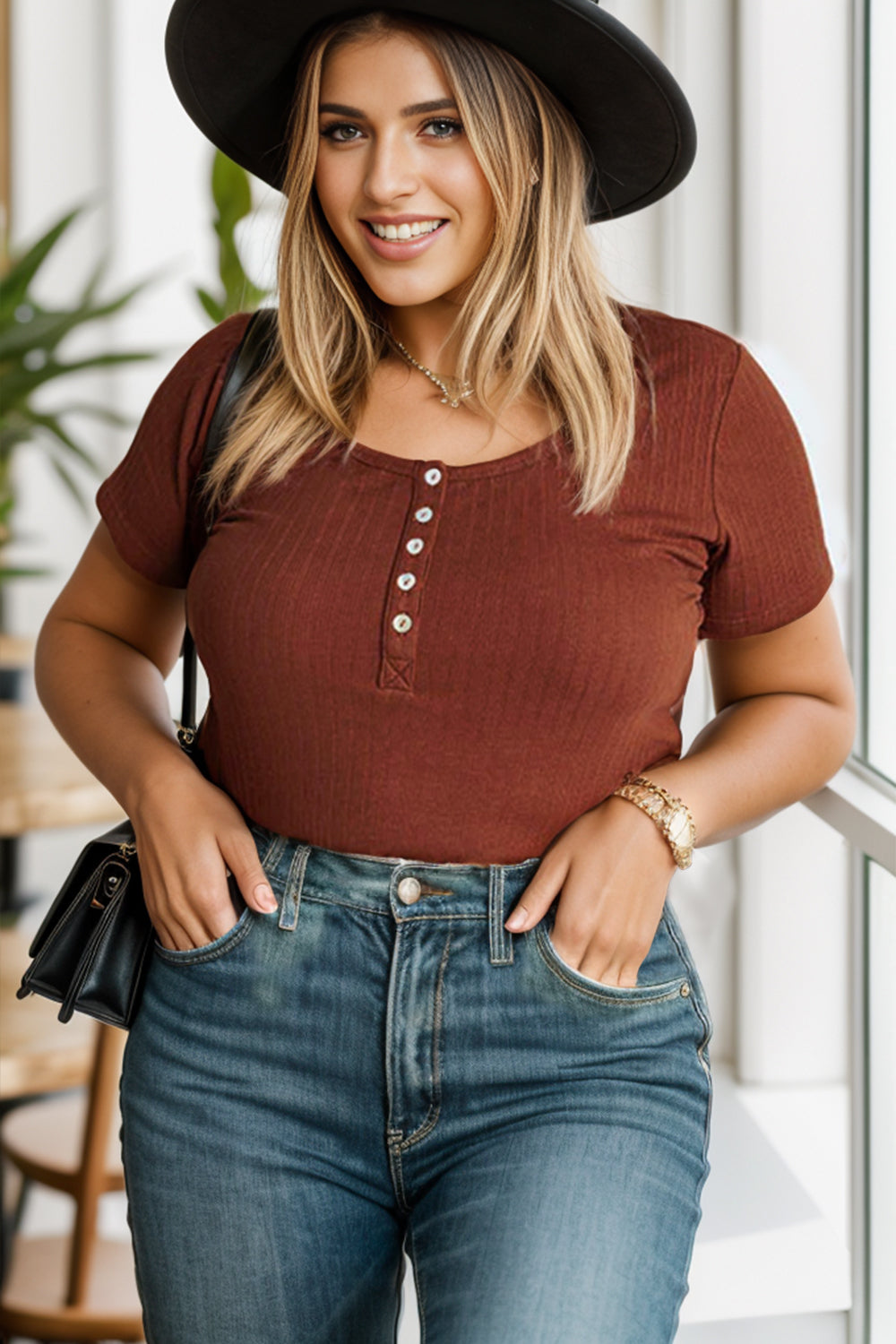 Plus Size Half Button Short Sleeve T-Shirt - UrbanEthereal