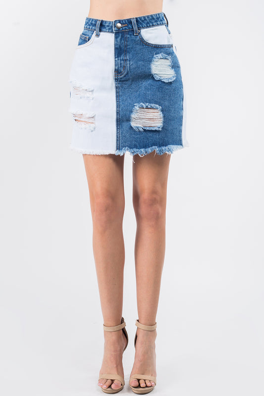 American Bazi Contrast Patched Frayed Denim Distressed Skirts - UrbanEthereal