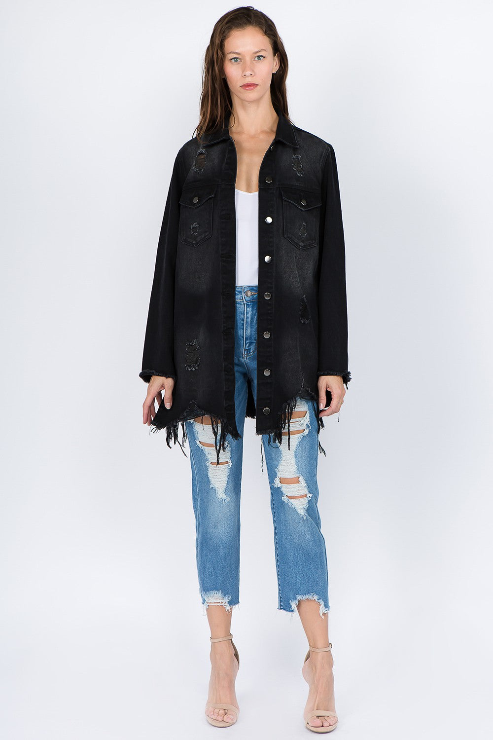 American Bazi Distressed Frayed Hem Denim Jacket - UrbanEthereal