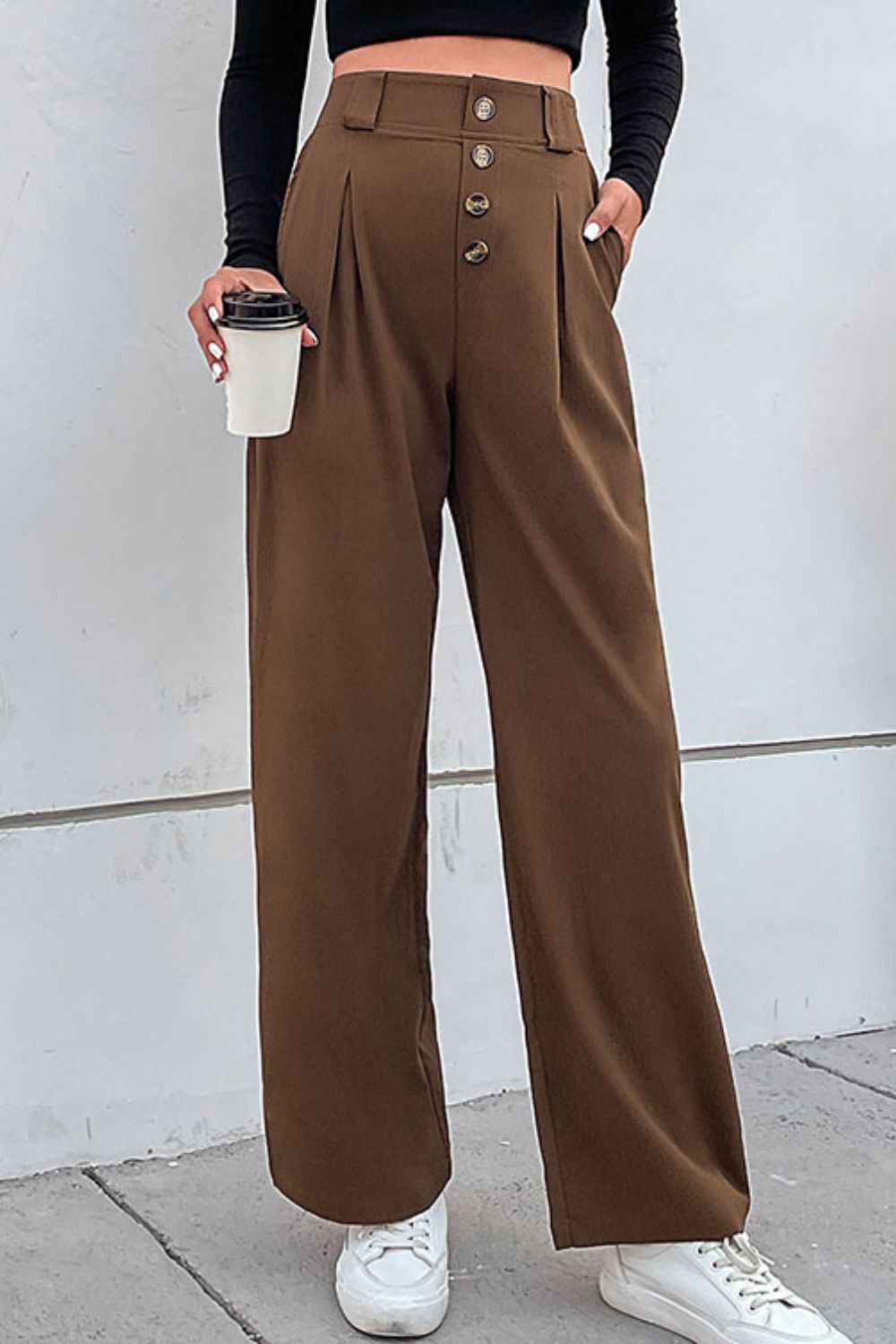 Perfee Button-Fly Pleated Waist Wide Leg Pants with Pockets