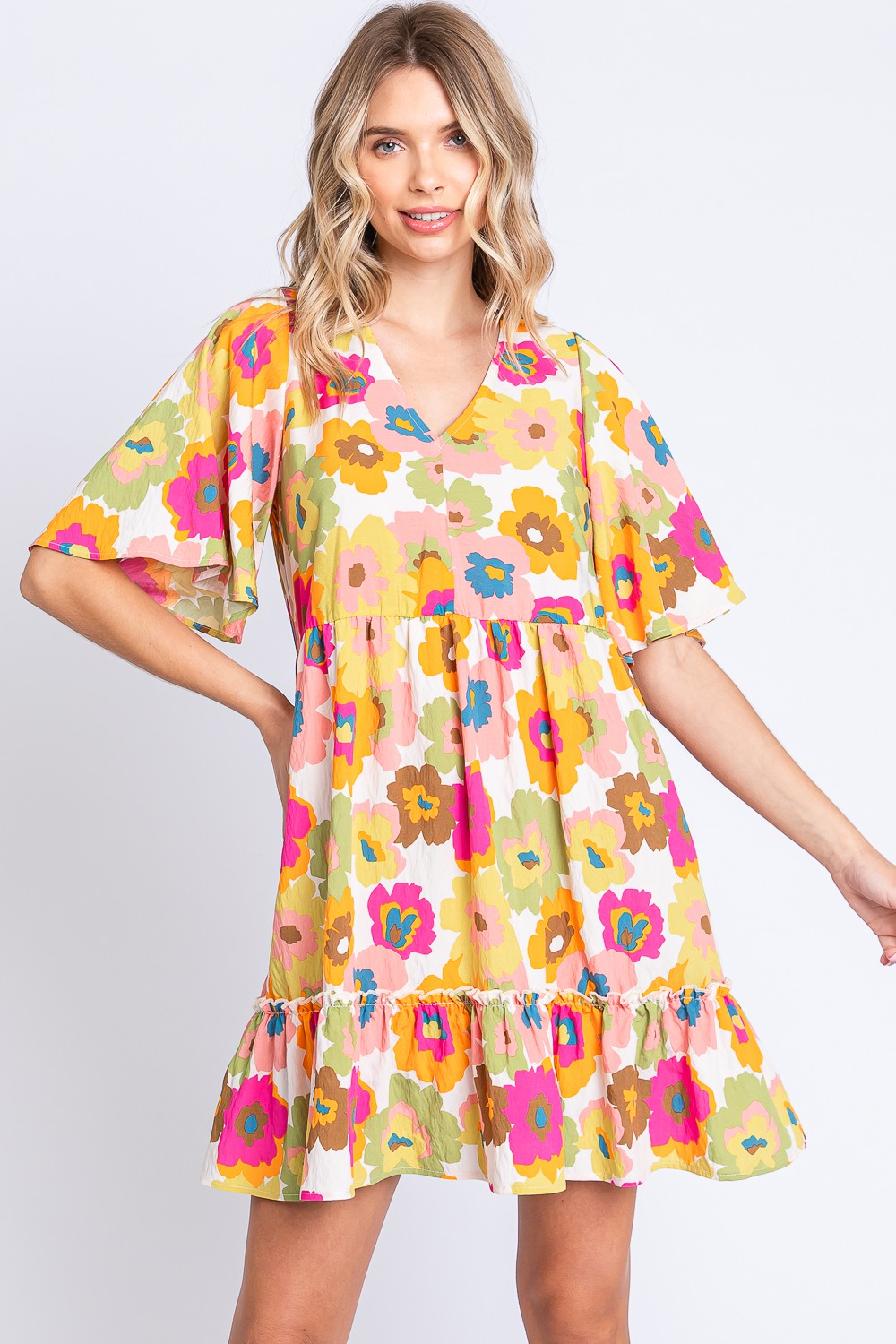 GeeGee Full Size Floral V-Neck Ruffle Trim Mini Dress - UrbanEthereal