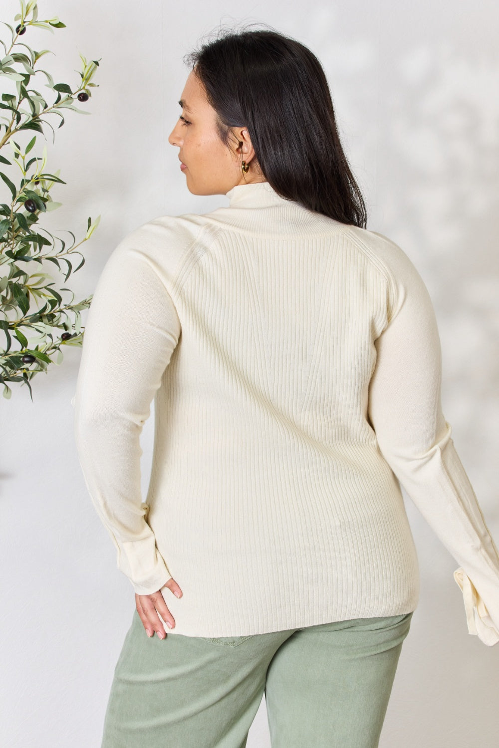 Heimish Full Size Ribbed Bow Detail Long Sleeve Turtleneck Knit Top - UrbanEthereal