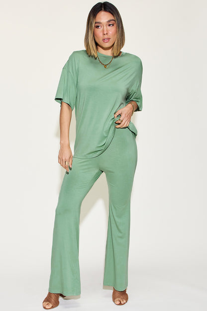 Basic Bae Full Size Bamboo Drop Shoulder T-Shirt and Flare Pants Set - UrbanEthereal