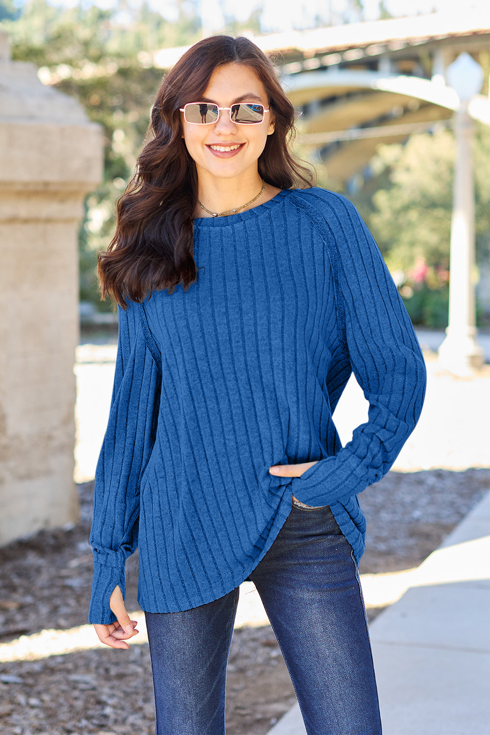 Basic Bae Full Size Ribbed Round Neck Long Sleeve Knit Top - UrbanEthereal