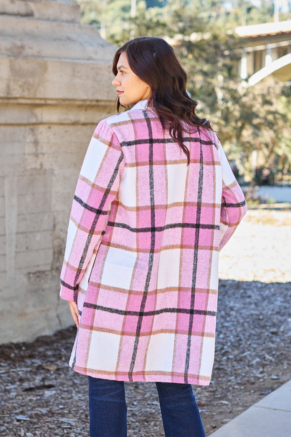 Double Take Full Size Plaid Button Up Lapel Collar Coat - UrbanEthereal