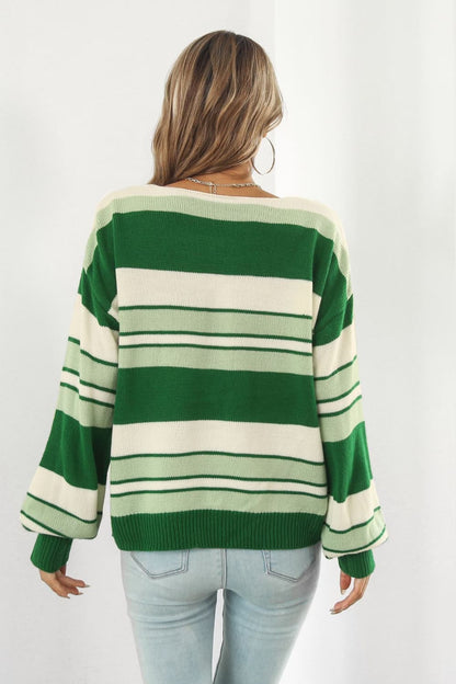 Striped V-Neck Dropped Shoulder Sweater