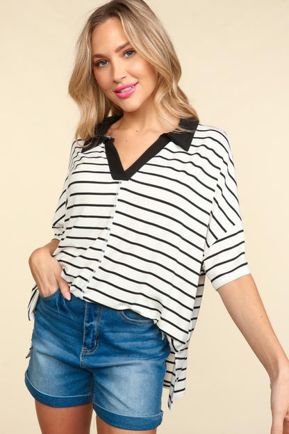 Haptics Full Size Striped Dropped Shoulder Half Sleeve T-Shirt