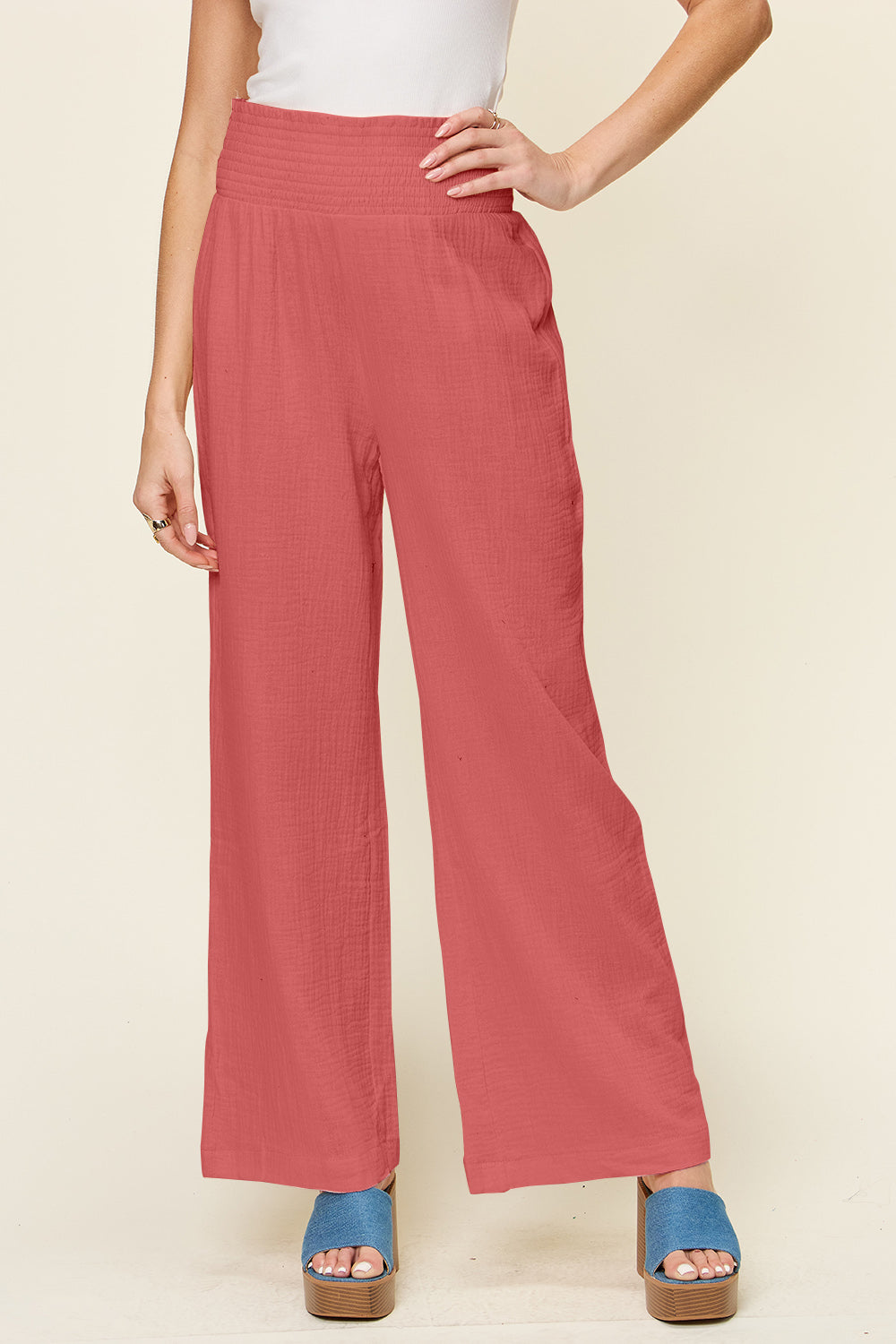 Double Take Full Size Texture Smocked Waist Wide Leg Pants - UrbanEthereal