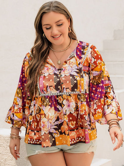 Plus Size Printed Tie Neck Blouse - UrbanEthereal
