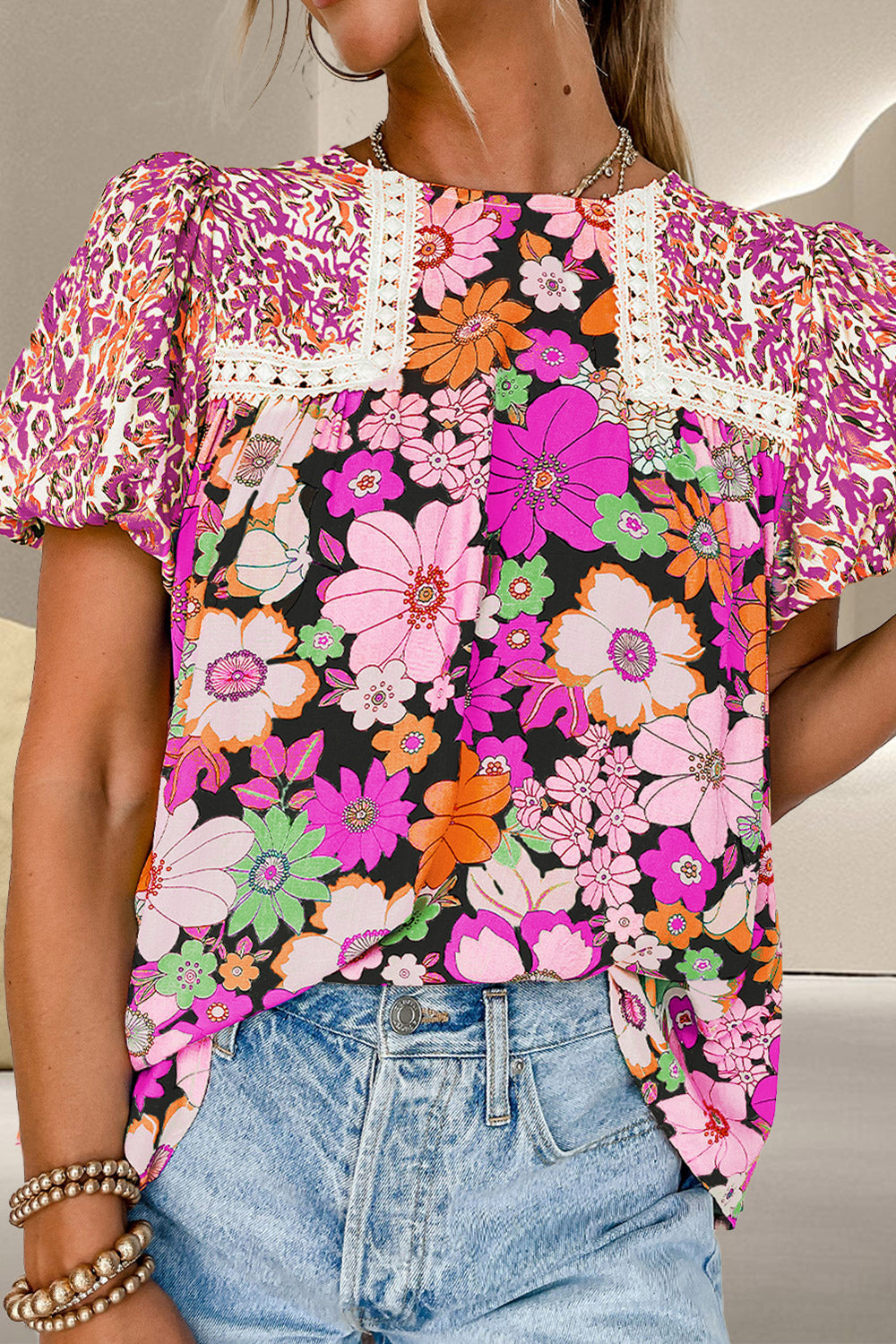 Printed Round Neck Puff Sleeve Blouse - UrbanEthereal