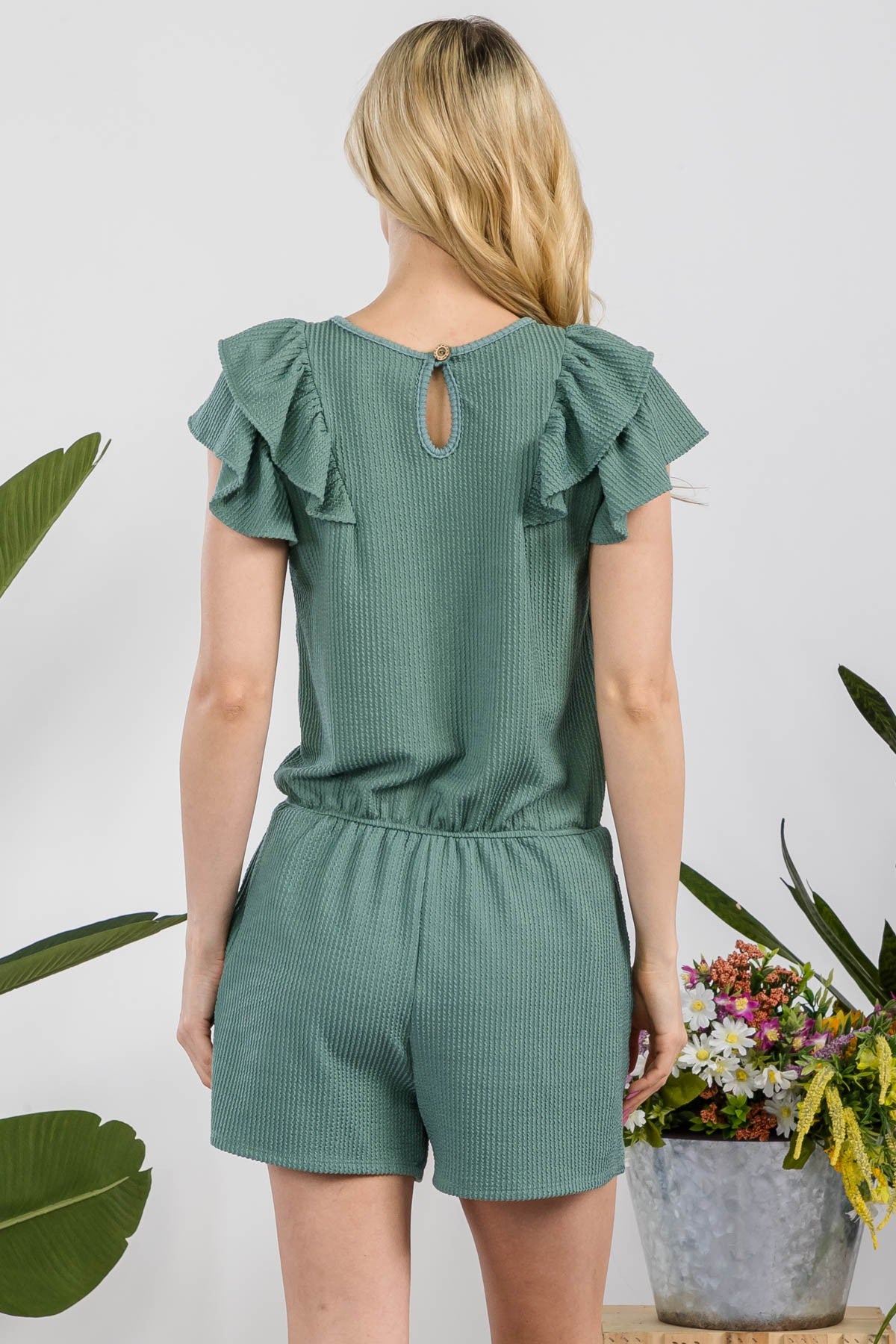 Celeste Full Size V-Neck Ruffled Ribbed Romper - UrbanEthereal