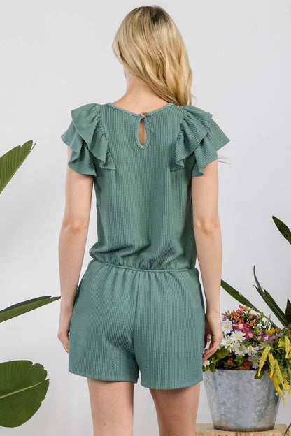 Celeste Full Size V-Neck Ruffled Ribbed Romper - UrbanEthereal