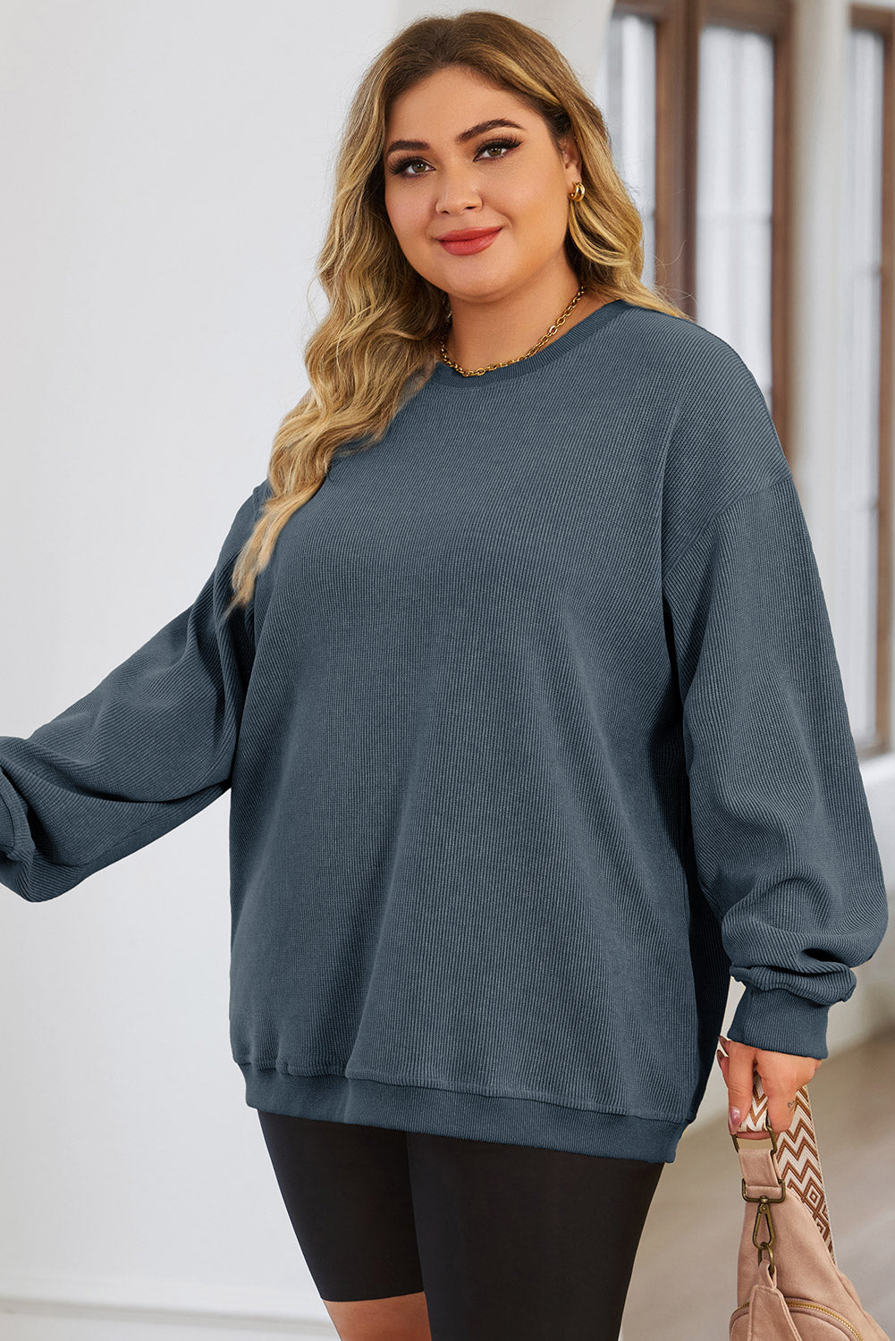 Plus Size Round Neck Dropped Shoulder Sweatshirt - UrbanEthereal